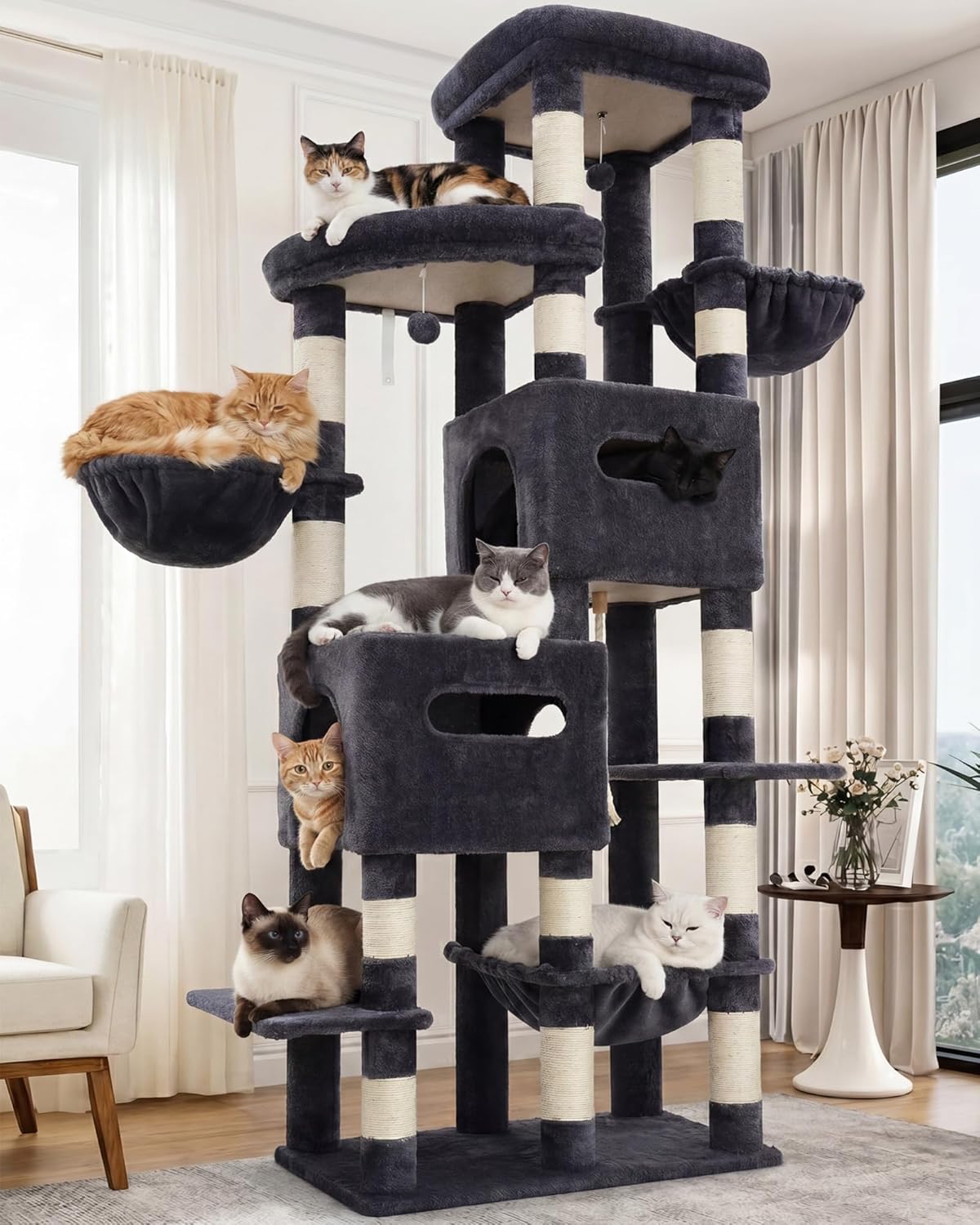 Heybly Cat Tree, 190cm Spacious & Tall Cat Tower for Large Cats, Cat Furniture with Large Top Perch, Solid Base, 2 Cat Condos