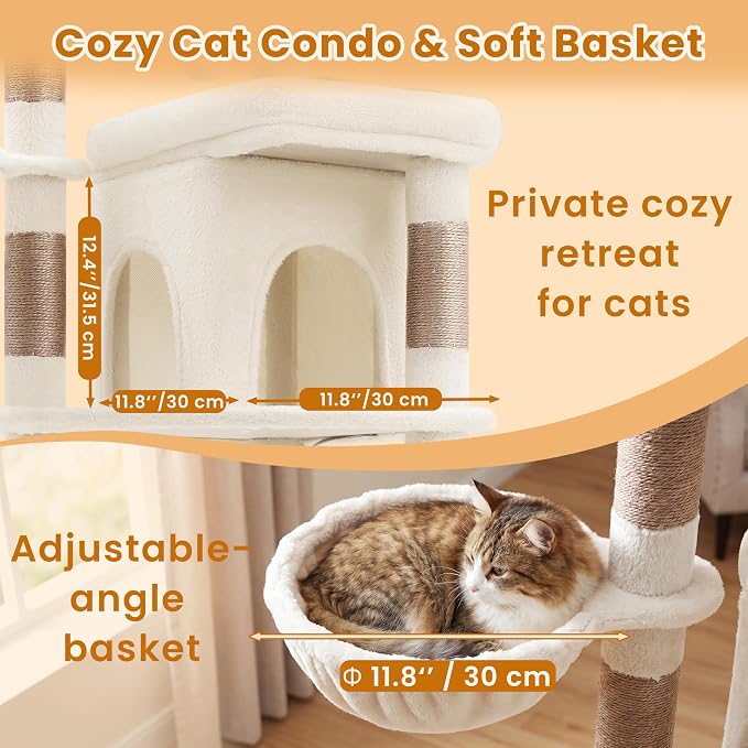 Heybly Cat Tree, 56" Multi-Level Easy Climb Tower for Large Cats HCT028MJ | Cat Furniture with 2 Perches, Cozy Hammock, Spacious Condo & Cat Basket, Durable Sisal Scratching Posts, Beige