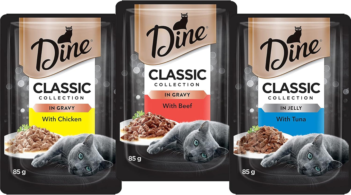 DINE Classic Collection Adult Wet Cat Food Mixed Selection in Gravy & in Jelly 12 x 85g, 5 Pack (60 Pouches)