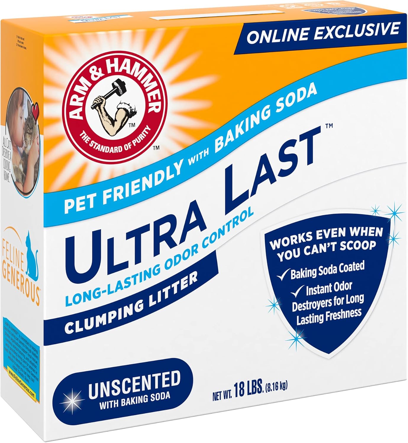 ARM & HAMMER Ultra Last Clumping Cat Litter Unscented MultiCat 18 Lbs. Pet Friendly with Baking Soda Odor Control Litter-USA product