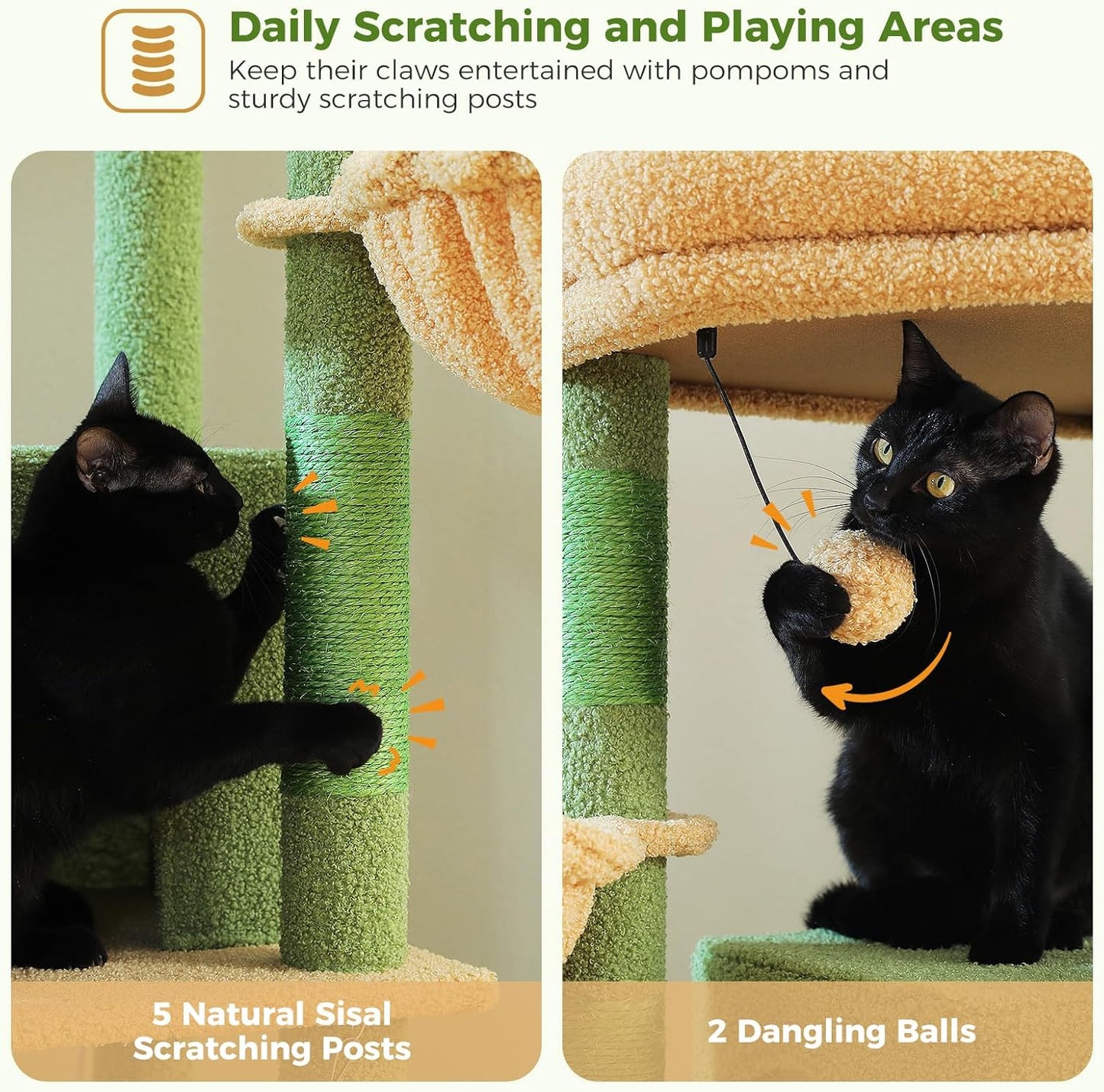 PAWZ Road Cat Tree, 181cm Cat Tower for Indoor Large Cats, Cat Furniture with 2 Spacious Cat Condo, Large Top Perch,2 Hammock(Dia=35cm), 2 Round Perches,Sisal Covered Scratching Post.Grey