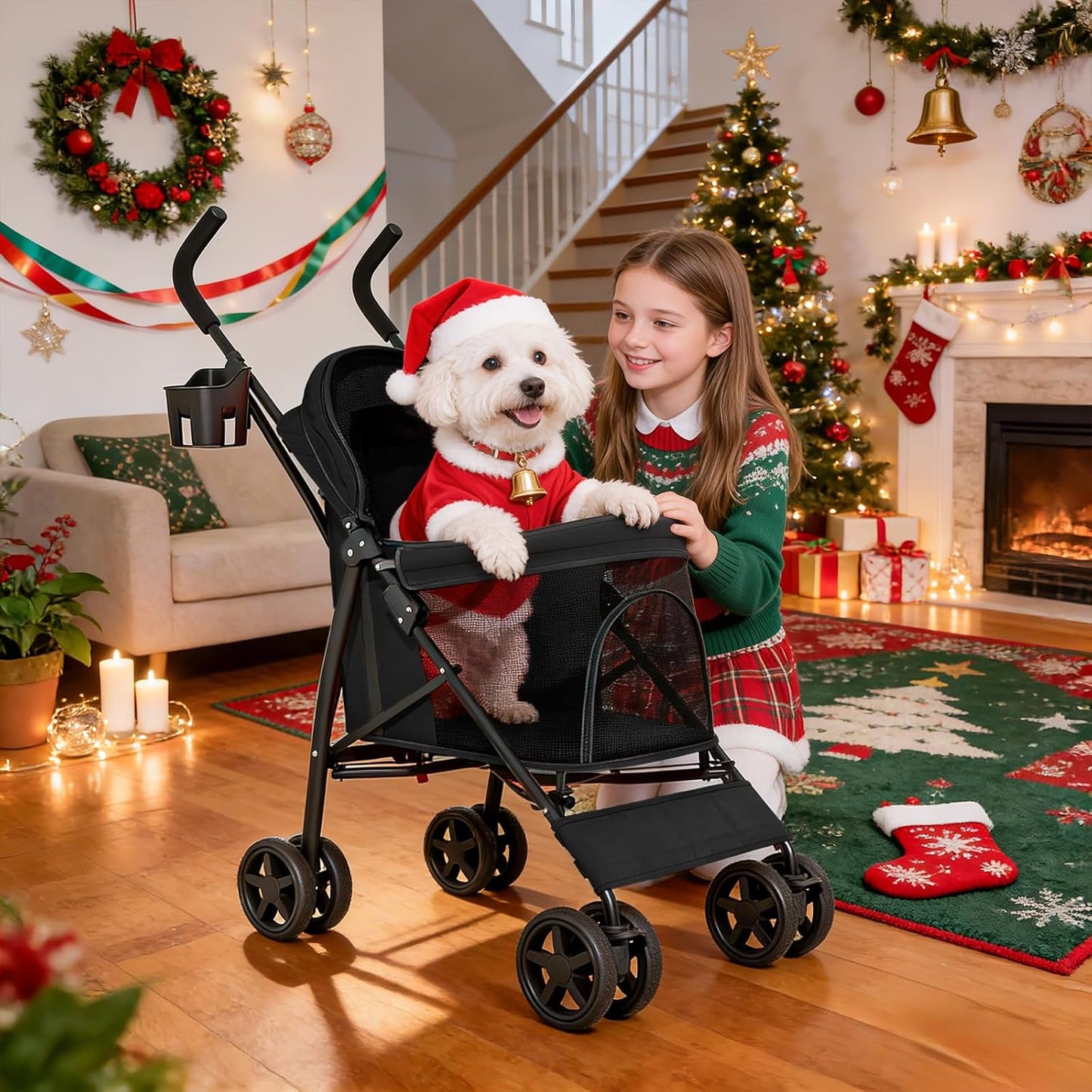 4-Wheel Pet Stroller for Small & Medium Dogs and Cats – Foldable Travel Pet Jogger with Breathable Mesh, Storage Basket & Cup Holder, Supports Pets up to 22 lbs