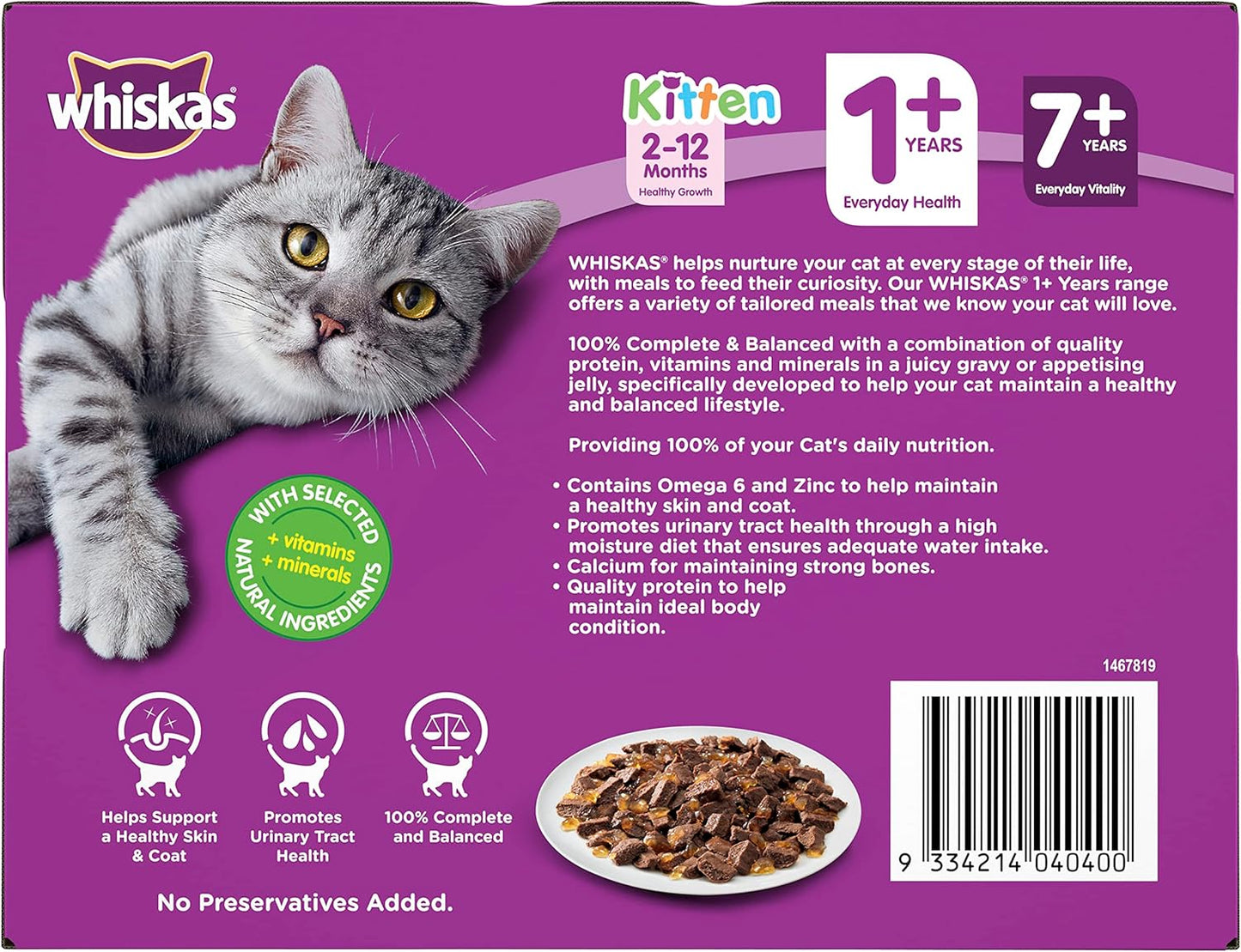 WHISKAS 1+ Years Wet Cat Food with Beef Favourites in Jelly 12 x 85g, 5 Pack (60 Pouches)