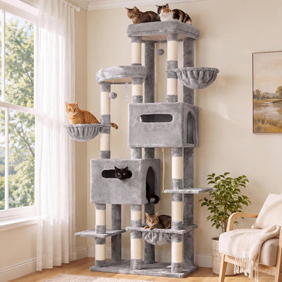 Heybly Cat Tree, 74.8-Inch Spacious & Tall Cat Tower for Large Cats, Cat Furniture with Large Top Perch, Solid Base, 2 Cat Condos, Hanging Hammock, Durable Sisal Scratching Posts, Light Gray