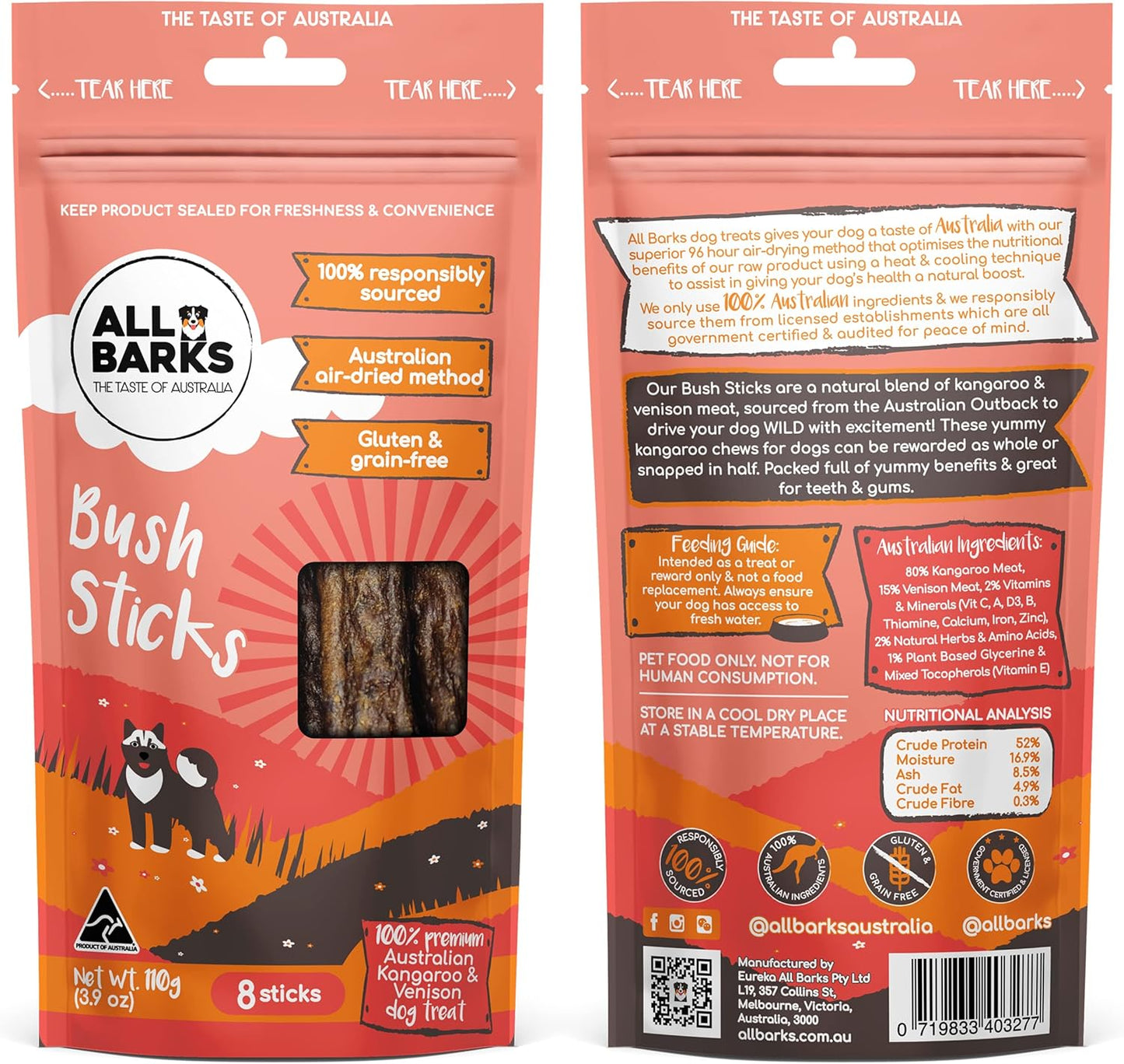 Bush Sticks - 100% Aussie Venison & Kangaroo - Natural, Grain-Free - 8 Sticks per Bag