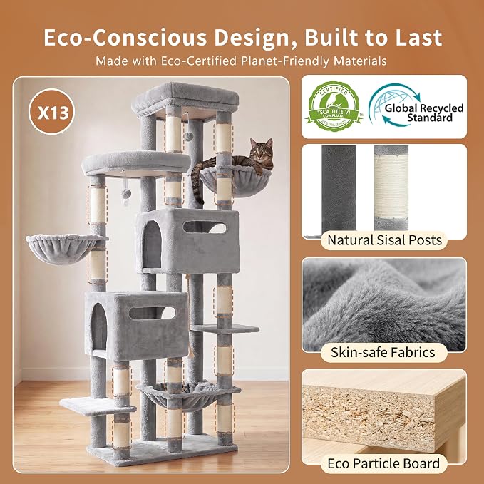 Heybly Cat Tree, 74.8-Inch Spacious & Tall Cat Tower for Large Cats, Cat Furniture with Large Top Perch, Solid Base, 2 Cat Condos, Hanging Hammock, Durable Sisal Scratching Posts, Light Gray