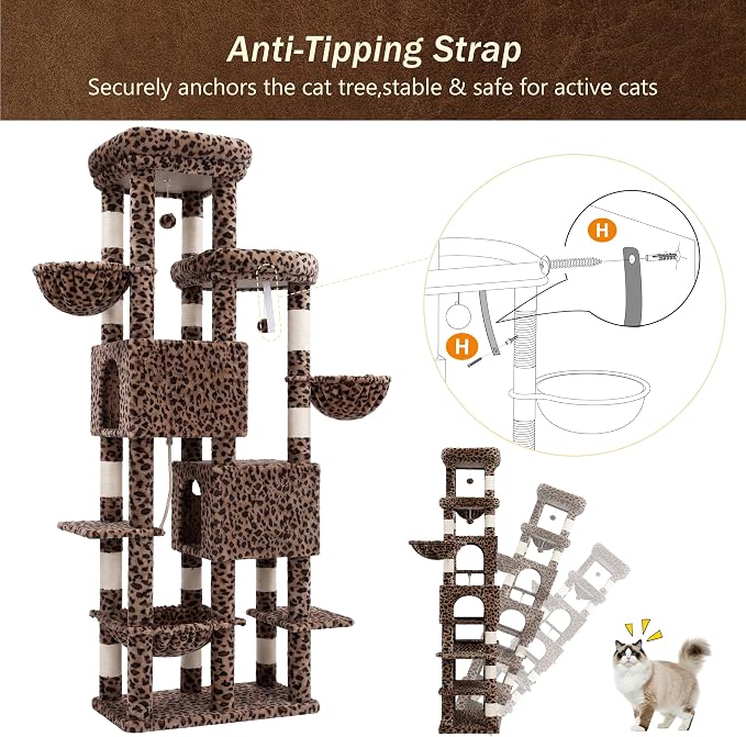 Heybly Tall Cat Tree, 78-inch Multi-Level Cat Tower for Indoor Cats, 2 Widened Plush Perches Cat Condo with Scratching Board and Big Caves, Smoky Gray HCT033G