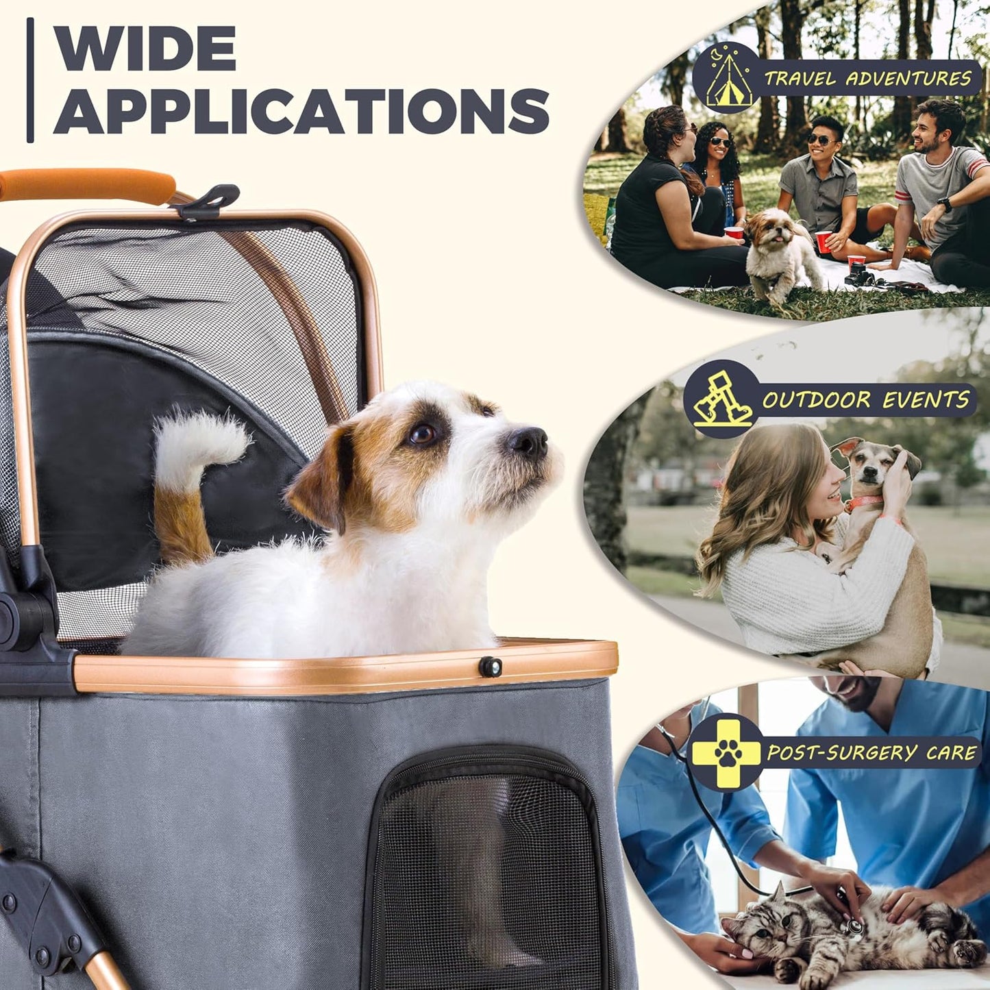 Pet Stroller for Small Dogs Cats, 6 Shock Absorption System | One Touch FoldinDog Stroller with Detachable Carrier for Car Seat & Hand Carry, Gray