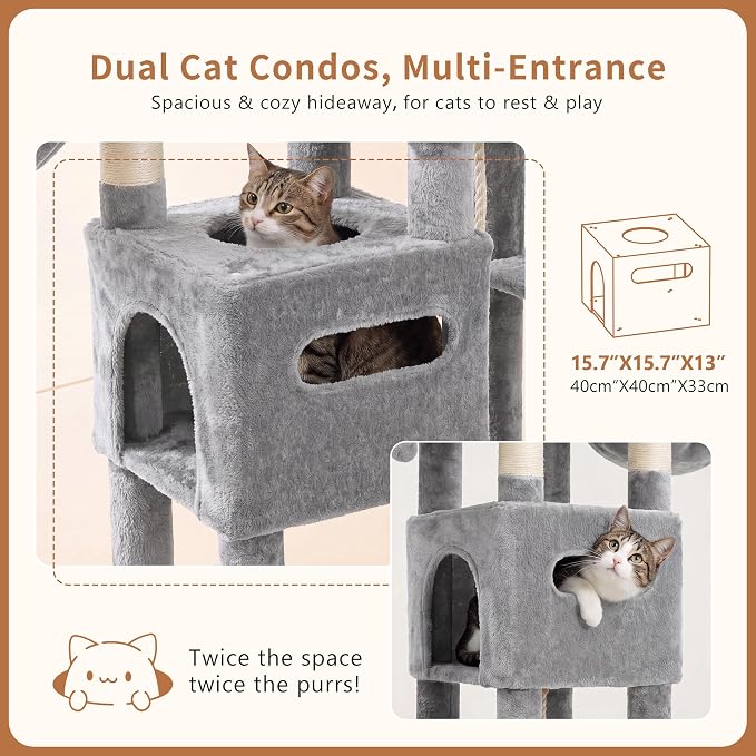 Heybly Cat Tree, 74.8-Inch Spacious & Tall Cat Tower for Large Cats, Cat Furniture with Large Top Perch, Solid Base, 2 Cat Condos, Hanging Hammock, Durable Sisal Scratching Posts, Light Gray