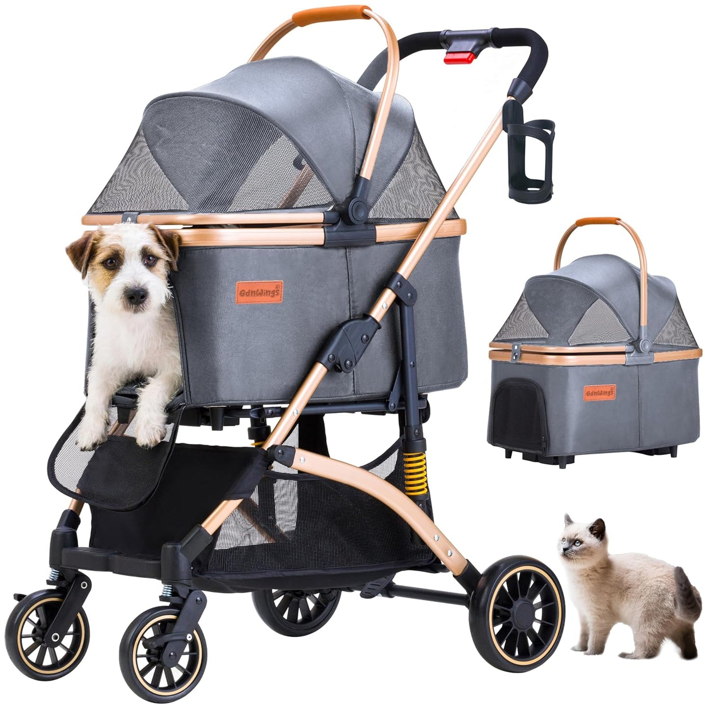 Pet Stroller for Small Dogs Cats, 6 Shock Absorption System | One Touch FoldinDog Stroller with Detachable Carrier for Car Seat & Hand Carry, Gray