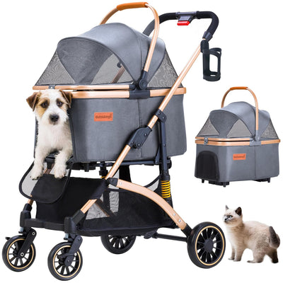 Pet Stroller for Small Dogs Cats, 6 Shock Absorption System | One Touch FoldinDog Stroller with Detachable Carrier for Car Seat & Hand Carry, Gray
