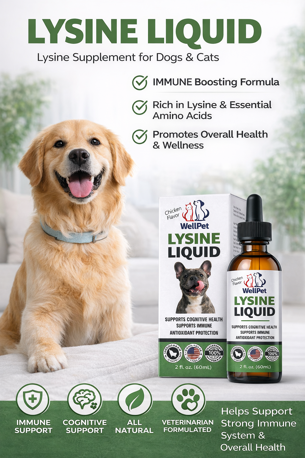 Powerful Lysine Liquid for Pets Strong Immunity & Healthy Pets 2*60ml (2Pack)