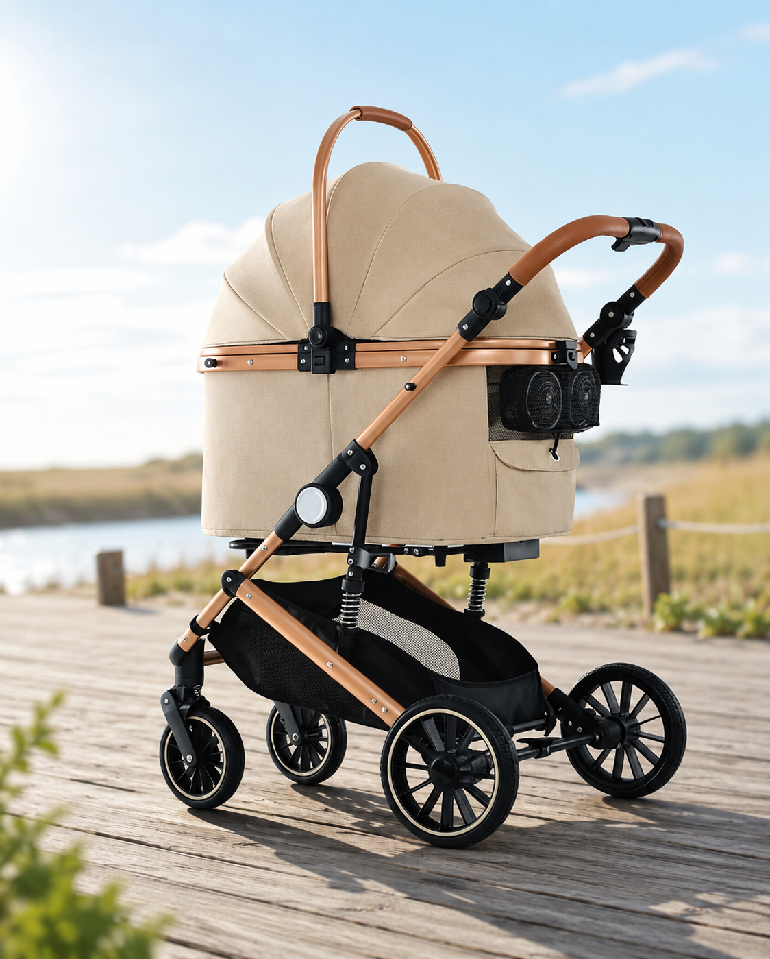 Luxury Pet Stroller with Spacious Comfort, Built- In Cooling Fan & Detachable Travel Basket for Smooth All-Season Adventures,Beige Colour