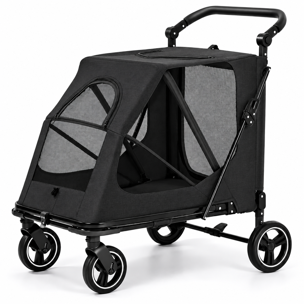 Large Dog Stroller Foldable Pet Pram with Mesh Windows BLACK
