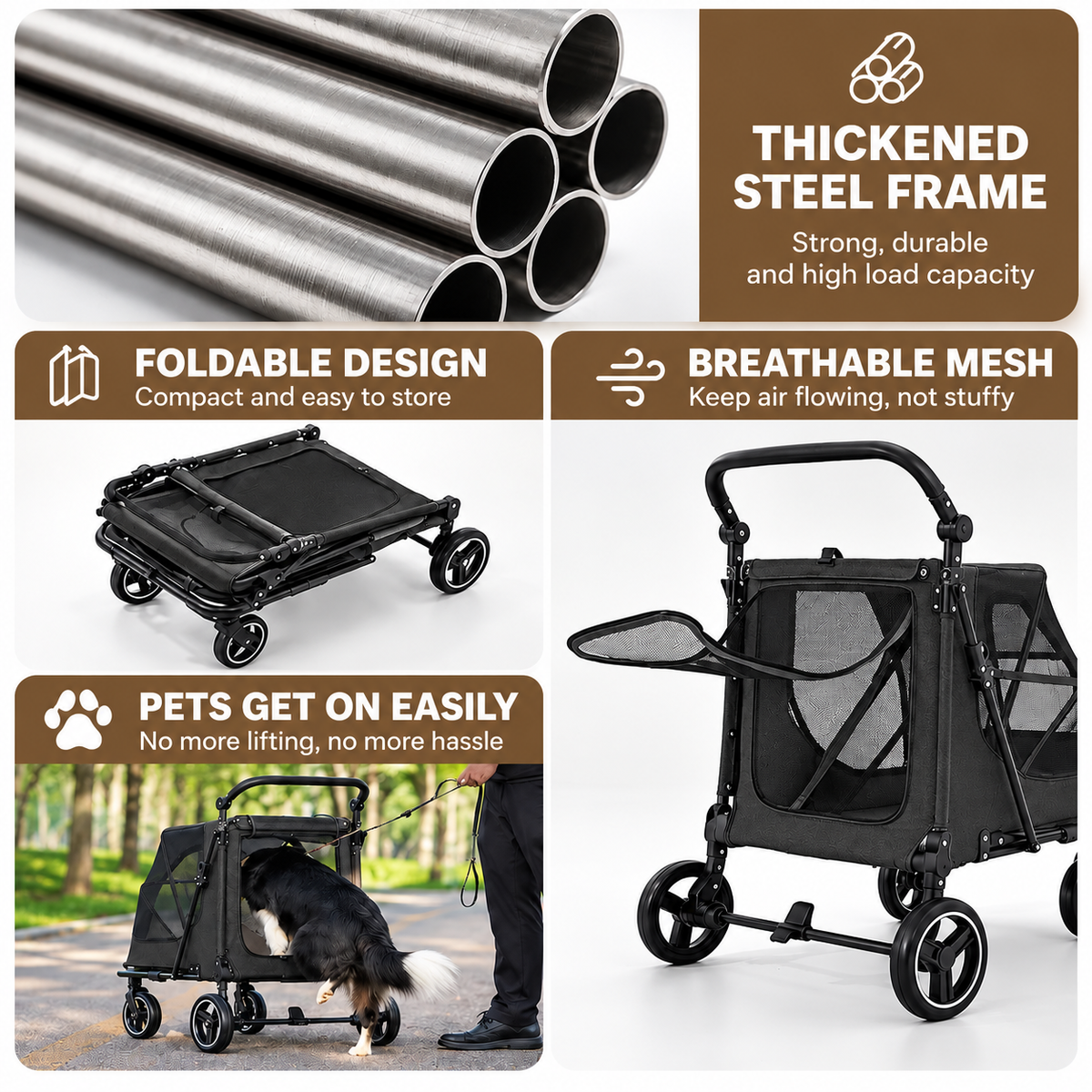 Large Dog Stroller Foldable Pet Pram with Mesh Windows BLACK