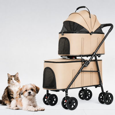 Double Pet Stroller for 2 Dogs & 2 Cats 4 Wheels Double Dog Strollers with Detachable Carriers Foldable Pet Travel Jogger Stroller Removable Cat Carrier Bag for Medium Small Pets(Khaki)