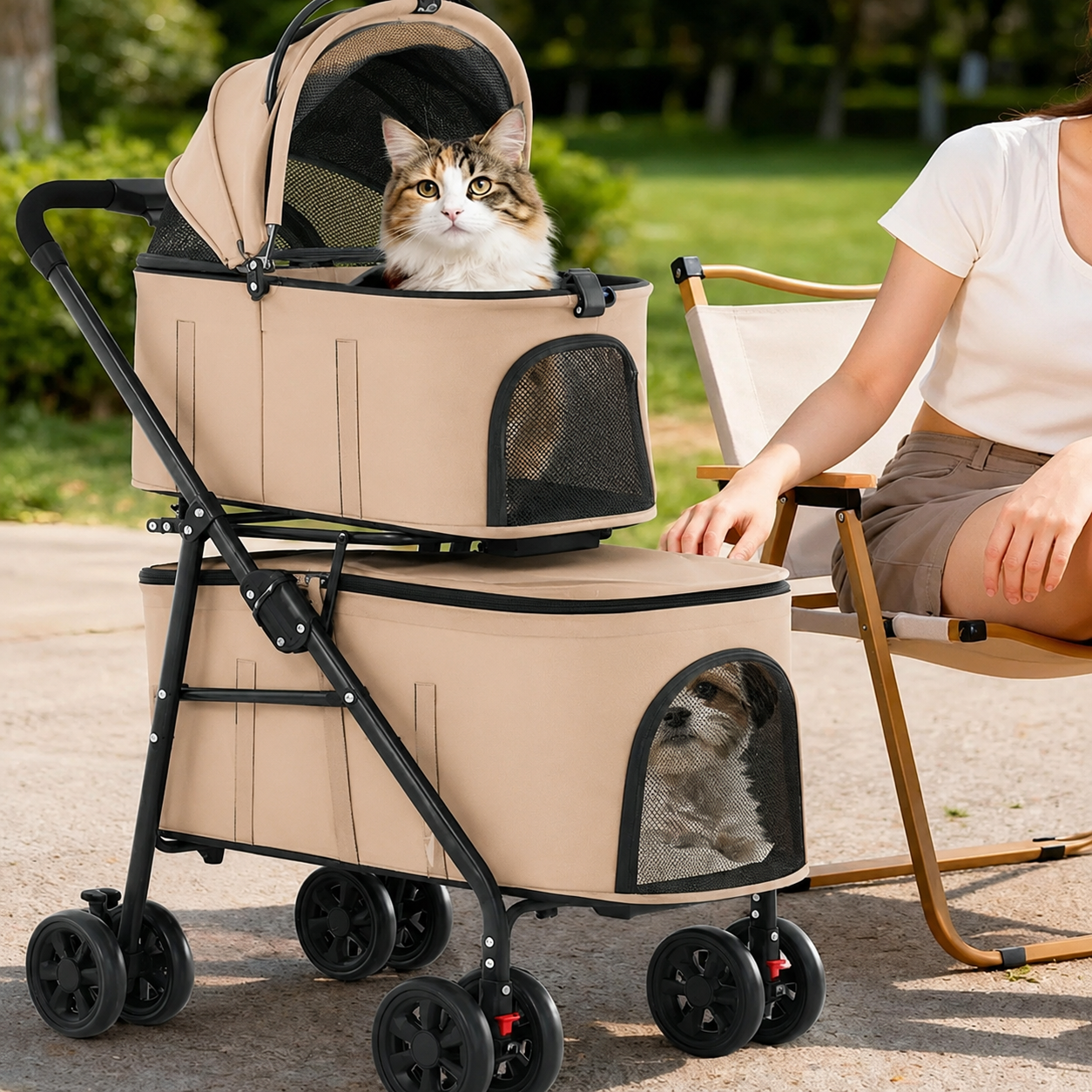 Double Pet Stroller for 2 Dogs & 2 Cats 4 Wheels Double Dog Strollers with Detachable Carriers Foldable Pet Travel Jogger Stroller Removable Cat Carrier Bag for Medium Small Pets(Khaki)