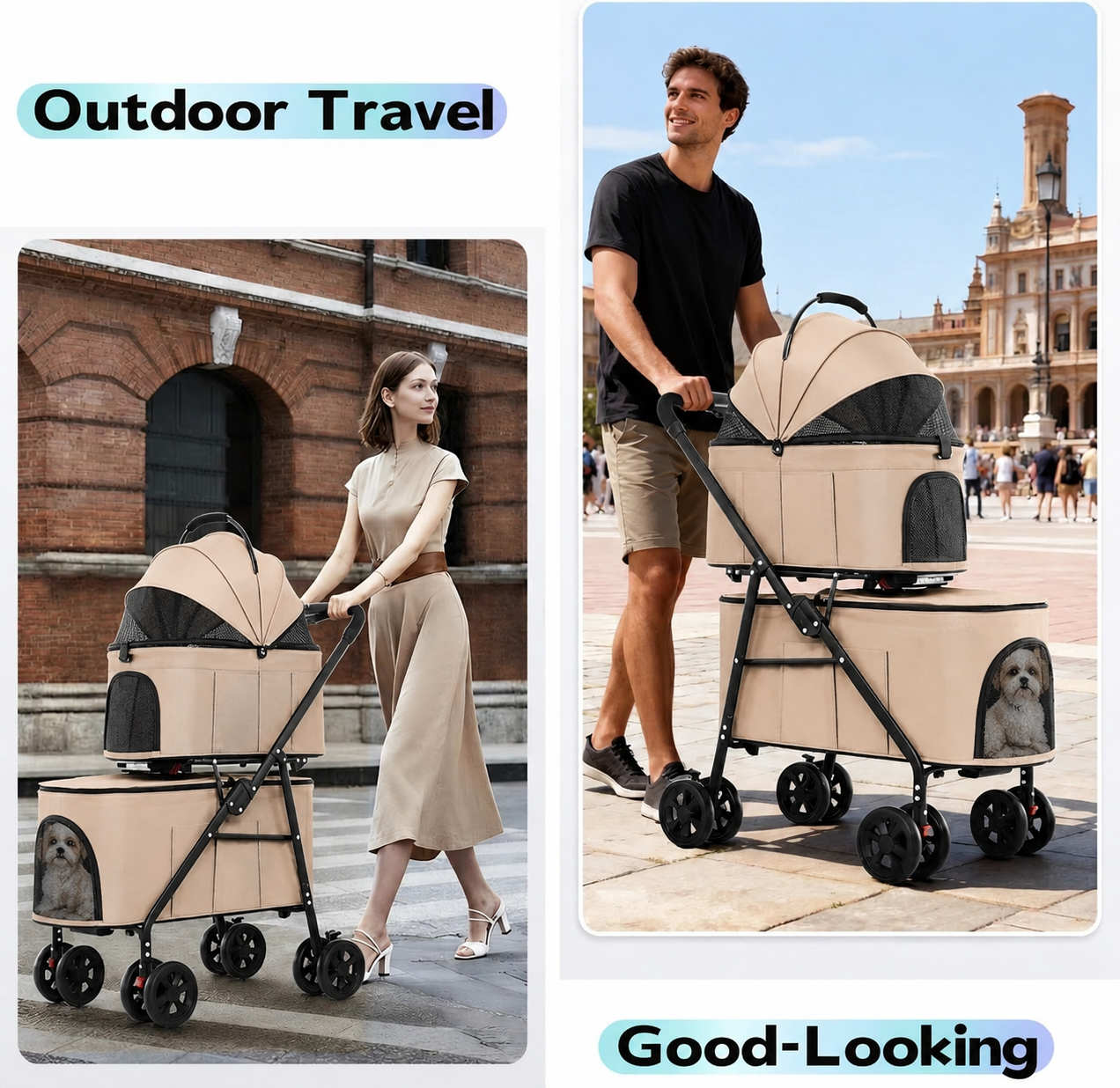 Double Pet Stroller for 2 Dogs & 2 Cats 4 Wheels Double Dog Strollers with Detachable Carriers Foldable Pet Travel Jogger Stroller Removable Cat Carrier Bag for Medium Small Pets(Khaki)