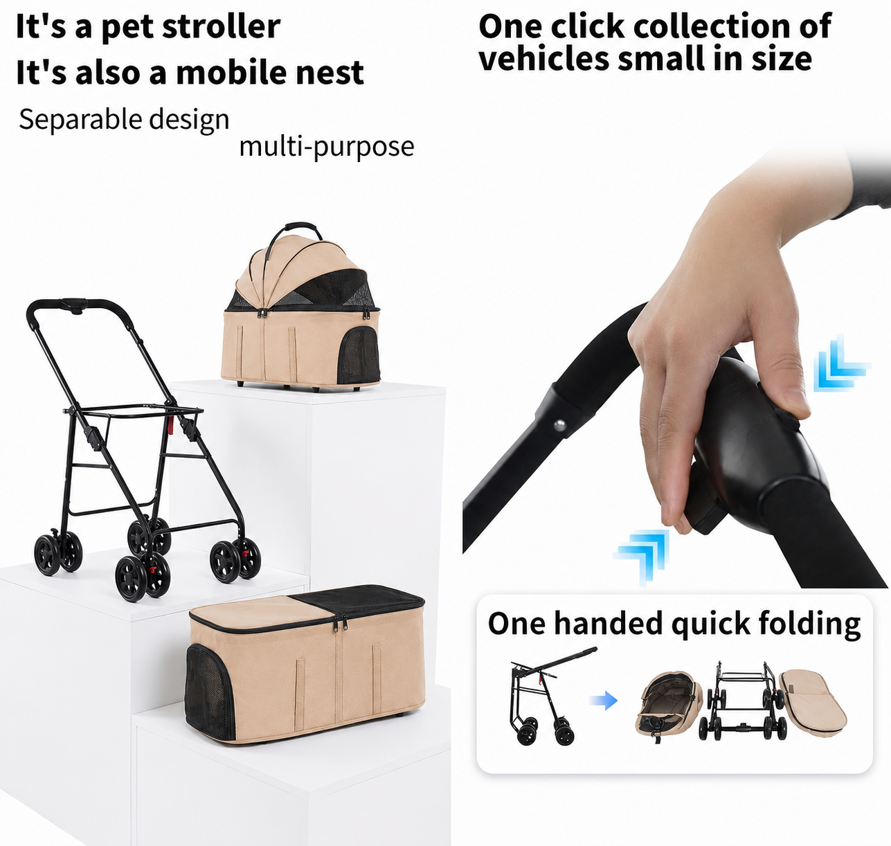 Double Pet Stroller for 2 Dogs & 2 Cats 4 Wheels Double Dog Strollers with Detachable Carriers Foldable Pet Travel Jogger Stroller Removable Cat Carrier Bag for Medium Small Pets(Khaki)