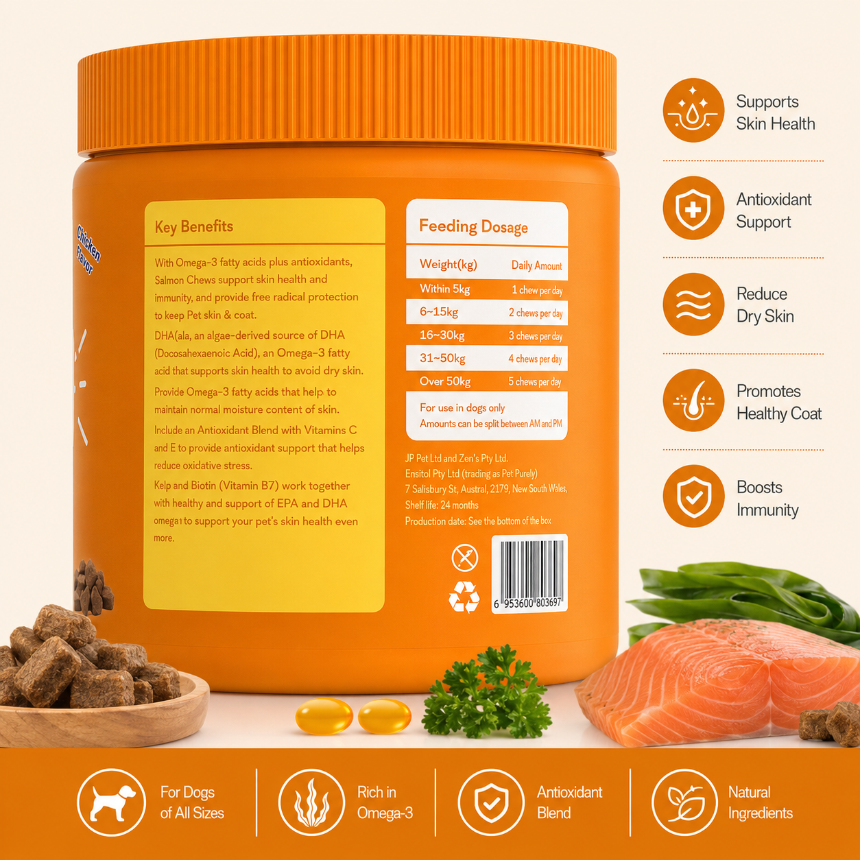 PetPurely Skin & Coat Chews for Dogs – Omega-3, Salmon Oil, Krill Oil & Biotin | Supports Healthy Skin, Shiny Coat & Immune Health | Chicken Flavor | 120 Soft