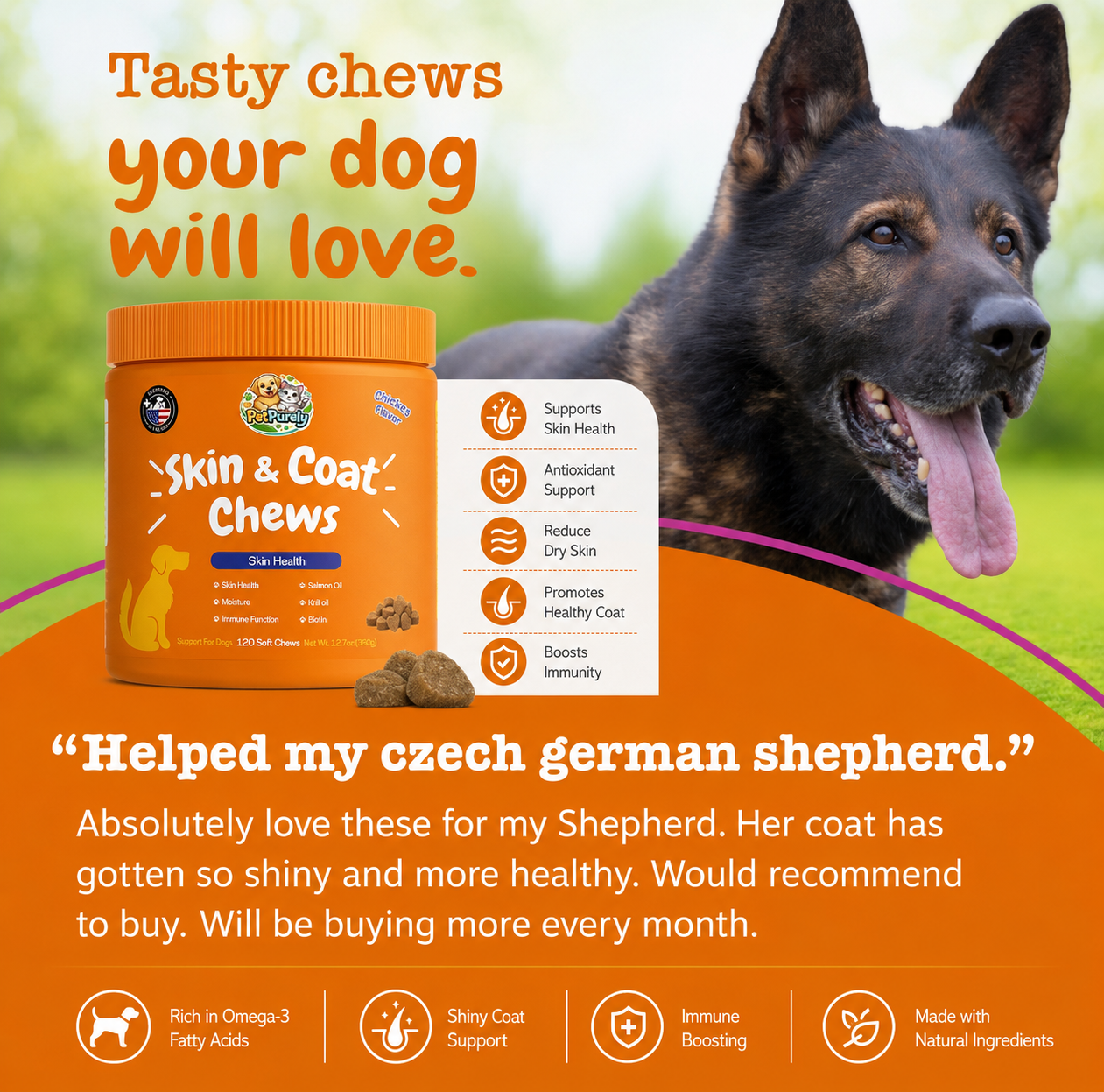 PetPurely Skin & Coat Chews for Dogs – Omega-3, Salmon Oil, Krill Oil & Biotin | Supports Healthy Skin, Shiny Coat & Immune Health | Chicken Flavor | 120 Soft