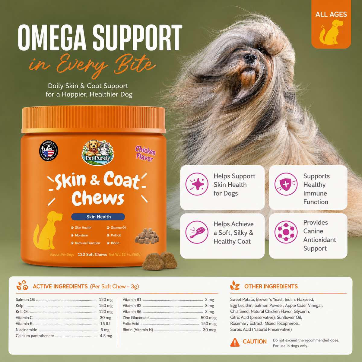 PetPurely Skin & Coat Chews for Dogs – Omega-3, Salmon Oil, Krill Oil & Biotin | Supports Healthy Skin, Shiny Coat & Immune Health | Chicken Flavor | 120 Soft