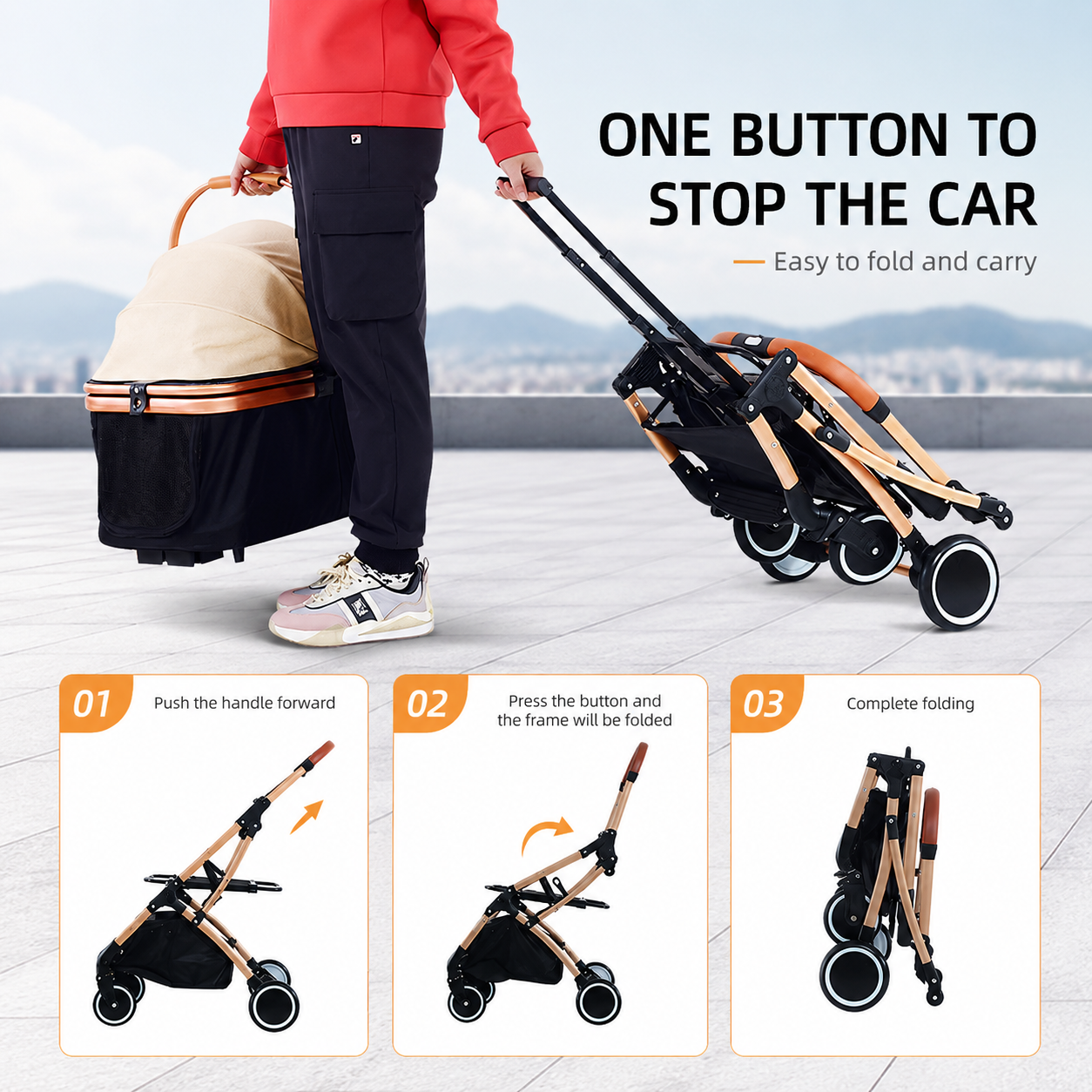 Luxury Detachable Pet Stroller for Small to medium Dogs & Cats – Lightweight Foldable Travel Carrier with Shock-Absorbing Wheels & One-Button Fold