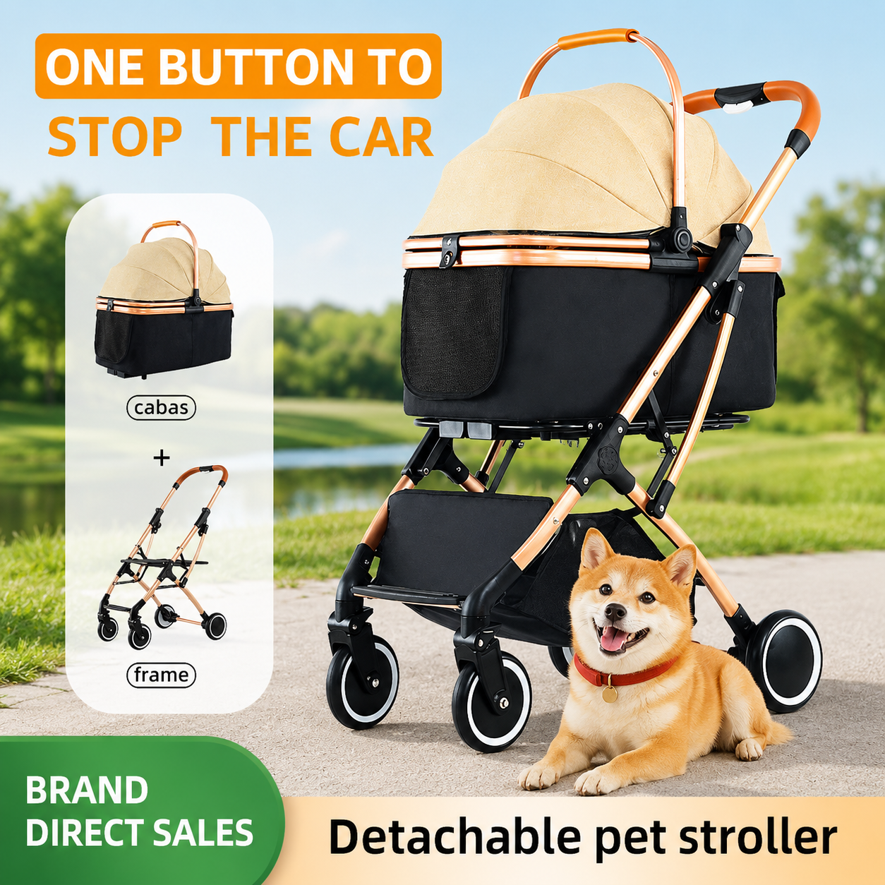 Luxury Detachable Pet Stroller for Small to medium Dogs & Cats – Lightweight Foldable Travel Carrier with Shock-Absorbing Wheels & One-Button Fold