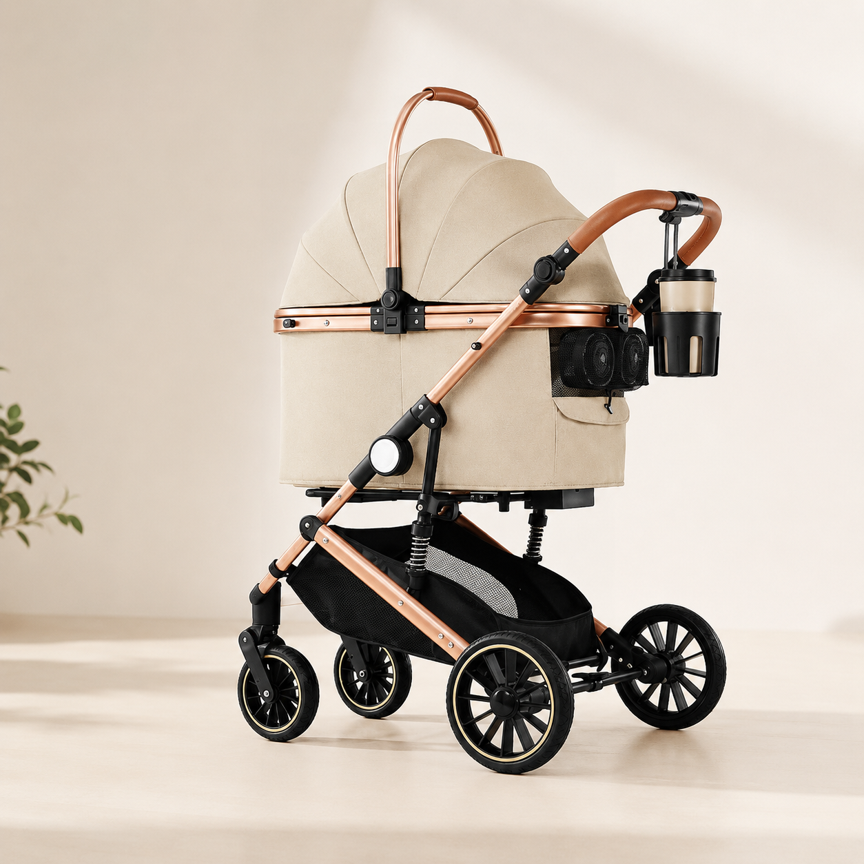 Luxury Foldable Pet Stroller for Medium & Large Dogs & Cats – Adjustable Handle Travel Stroller with Breathable Mesh, Storage Basket & Smooth Suspension Wheels,BEIGE
