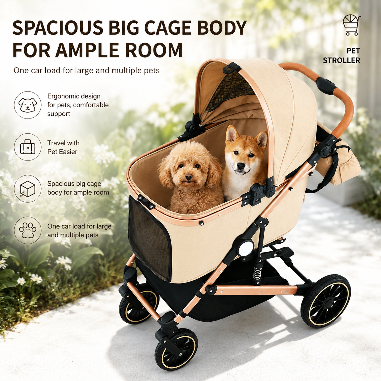 Luxury Foldable Pet Stroller for Medium & Large Dogs & Cats – Adjustable Handle Travel Stroller with Breathable Mesh, Storage Basket & Smooth Suspension Wheels,BEIGE