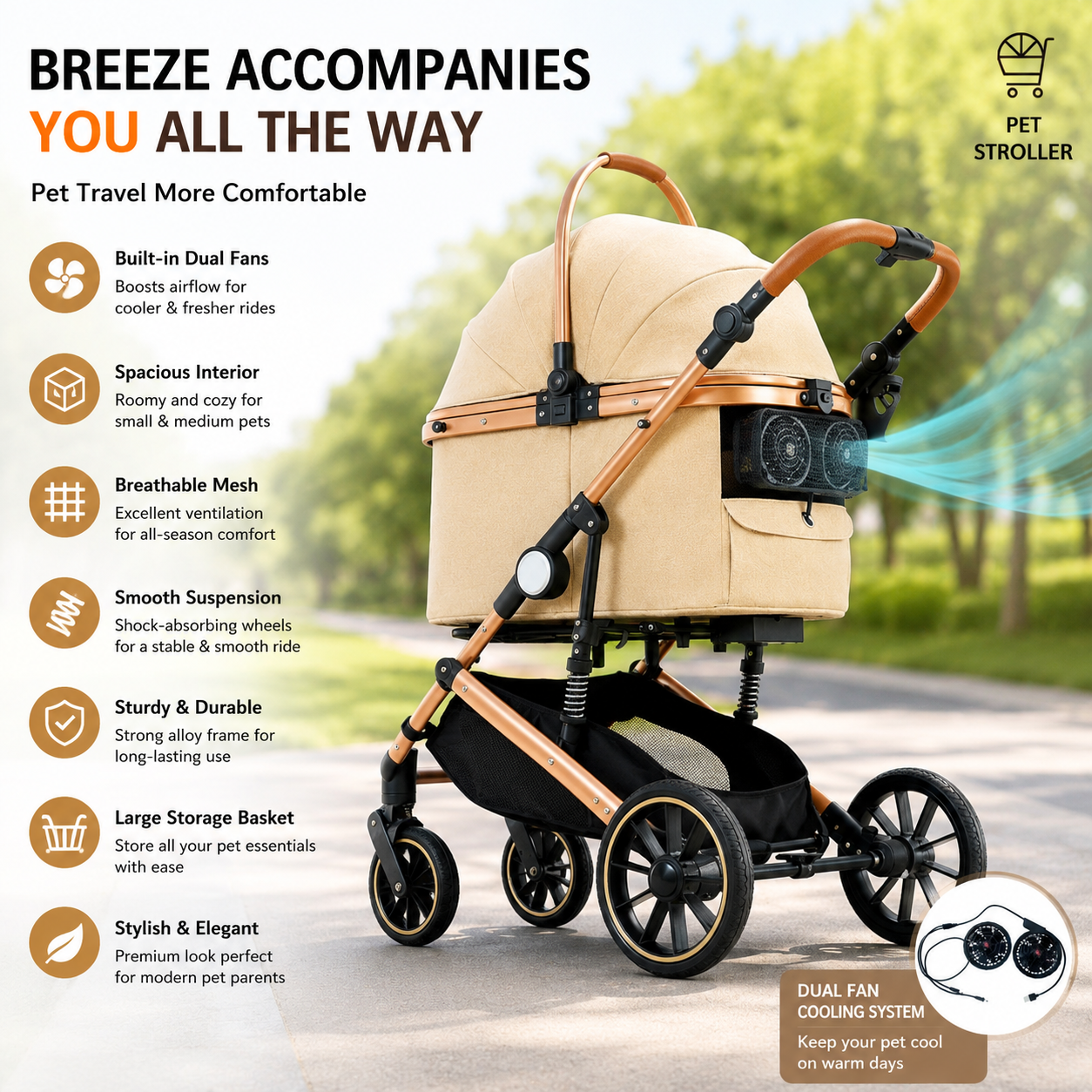 Luxury Foldable Pet Stroller for Medium & Large Dogs & Cats – Adjustable Handle Travel Stroller with Breathable Mesh, Storage Basket & Smooth Suspension Wheels,BEIGE