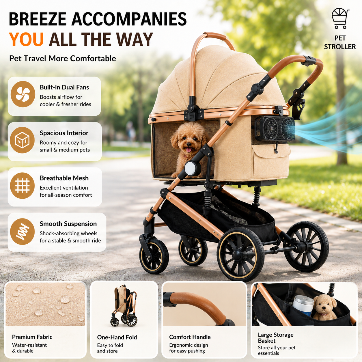 Luxury Foldable Pet Stroller for Medium & Large Dogs & Cats – Adjustable Handle Travel Stroller with Breathable Mesh, Storage Basket & Smooth Suspension Wheels,BEIGE