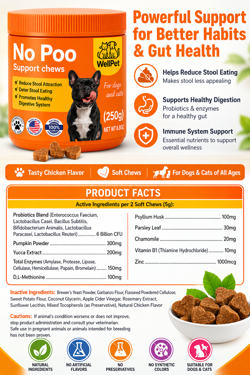 No Poo Support Chews — Proven digestive support for cats and dogs,100 Chews