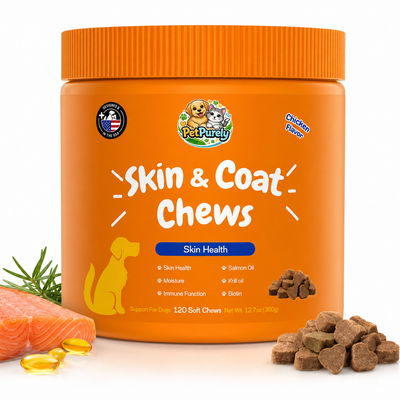 PetPurely Skin & Coat Chews for Dogs – Omega-3, Salmon Oil, Krill Oil & Biotin | Supports Healthy Skin, Shiny Coat & Immune Health | Chicken Flavor | 120 Soft Chews