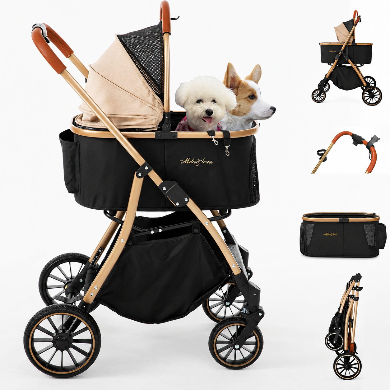 Dog Stroller, 24" Pet Cradle, Large PU Wear-Resistant Wheels, Cat Stroller for Small & Medium 55 lbs, Lightweight Pet Stroller, Detachable Aluminum Cradle, Cup Holder