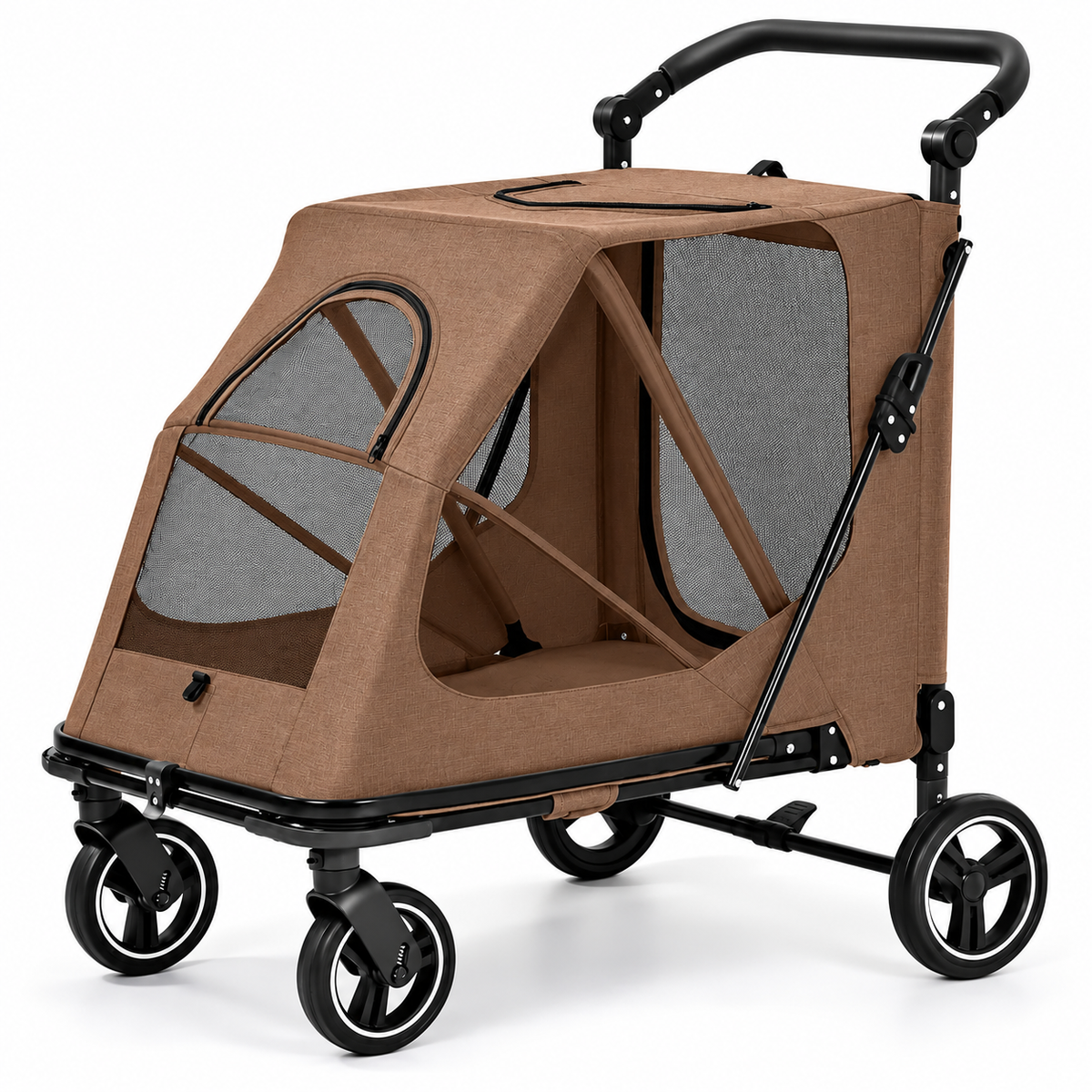 Large Dog Stroller Foldable Pet Pram with Mesh Windows Coffee Brown