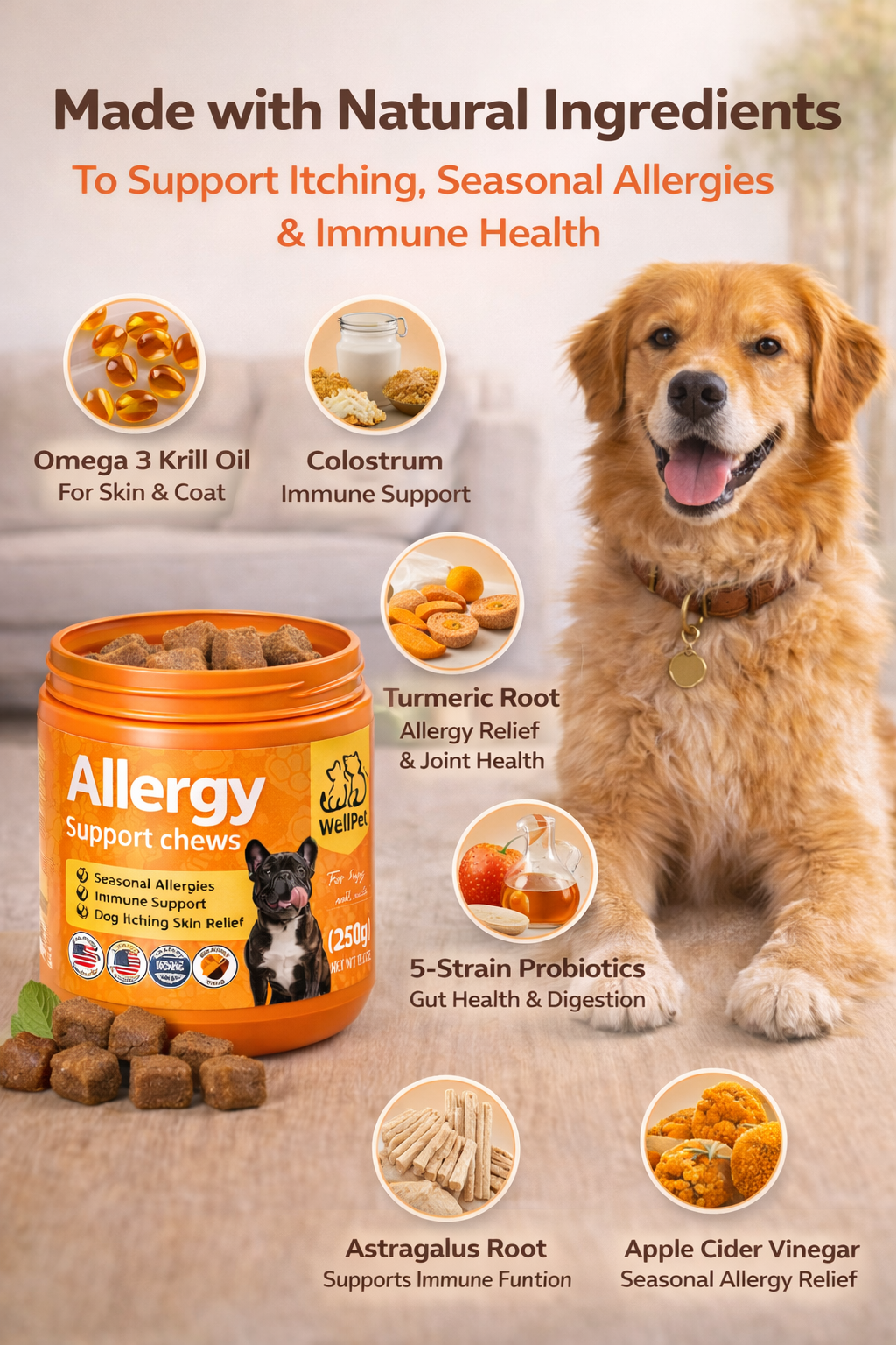 Powerful Allergy Relief Chews for Dogs ,Support Itchy Skin, Boost Immunity 100pc