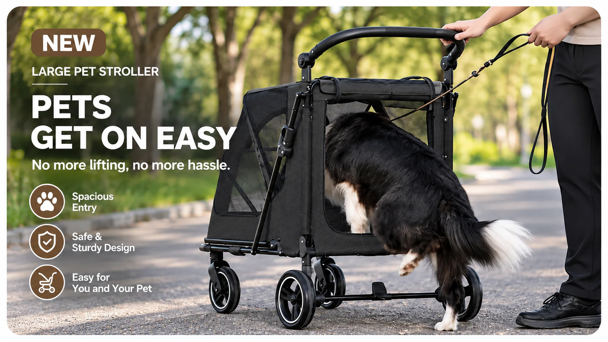 Large Dog Stroller Foldable Pet Pram with Mesh Windows BLACK