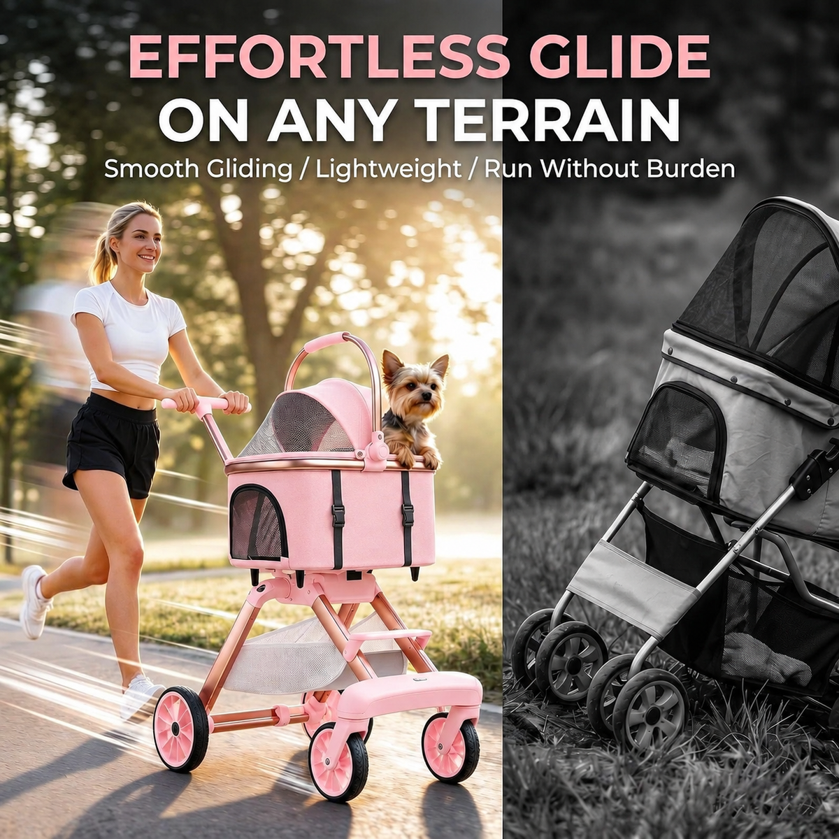Luxury Pet Stroller for Small Dogs & Cats – 2-in-1 Detachable Carrier, Foldable, 360° Swivel Wheels, Large Storage Basket, Pink