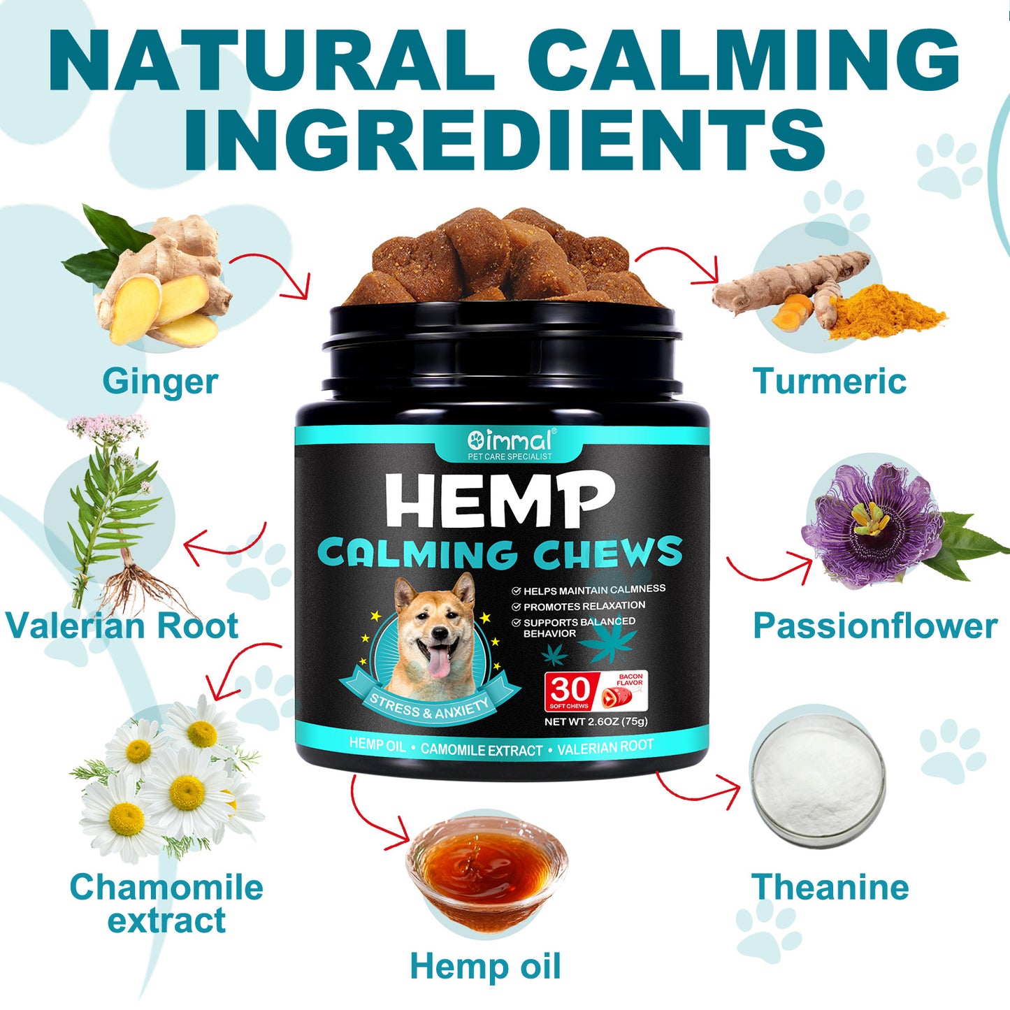 Hemp Calming Chews for Dogs – Natural Stress & Anxiety Relief, Promotes Relaxation, Supports Calm Behavior, Hemp Oil, Chamomile, Valerian Root & L-Theanine, Bacon Flavor, 30 Soft Chews