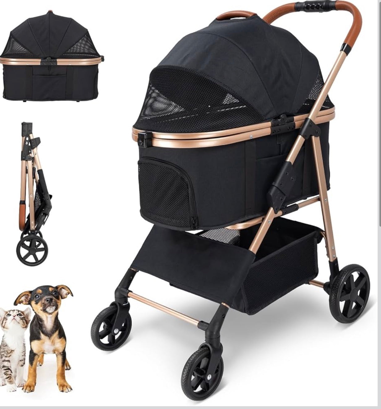 Pet Stroller for Small/Medium Dogs & Cats, No-Zip Foldable Dog Stroller with Detachable Carrier, Cup Holder and Storage Basket, One-Click Fold, One-Foot Brake, 37 lbs Capacity, Black