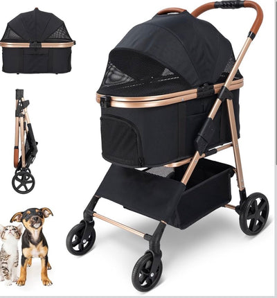 Pet Stroller for Small/Medium Dogs & Cats, No-Zip Foldable Dog Stroller with Detachable Carrier, Cup Holder and Storage Basket, One-Click Fold, One-Foot Brake, 37 lbs Capacity, Black