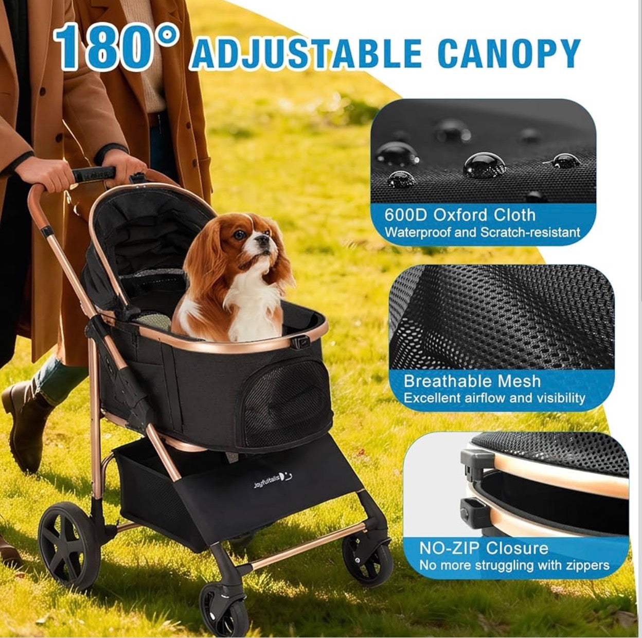 Pet Stroller for Small/Medium Dogs & Cats, No-Zip Foldable Dog Stroller with Detachable Carrier, Cup Holder and Storage Basket, One-Click Fold, One-Foot Brake, 37 lbs Capacity, Black
