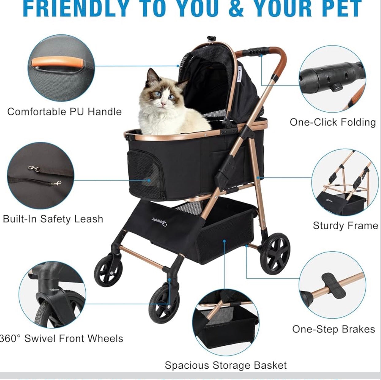 Pet Stroller for Small/Medium Dogs & Cats, No-Zip Foldable Dog Stroller with Detachable Carrier, Cup Holder and Storage Basket, One-Click Fold, One-Foot Brake, 37 lbs Capacity, Black