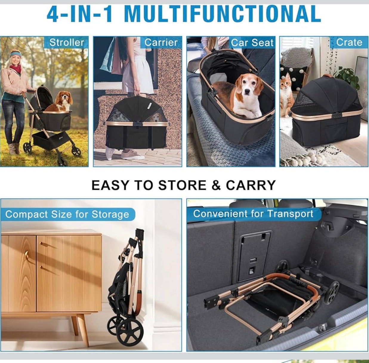 Pet Stroller for Small/Medium Dogs & Cats, No-Zip Foldable Dog Stroller with Detachable Carrier, Cup Holder and Storage Basket, One-Click Fold, One-Foot Brake, 37 lbs Capacity, Black