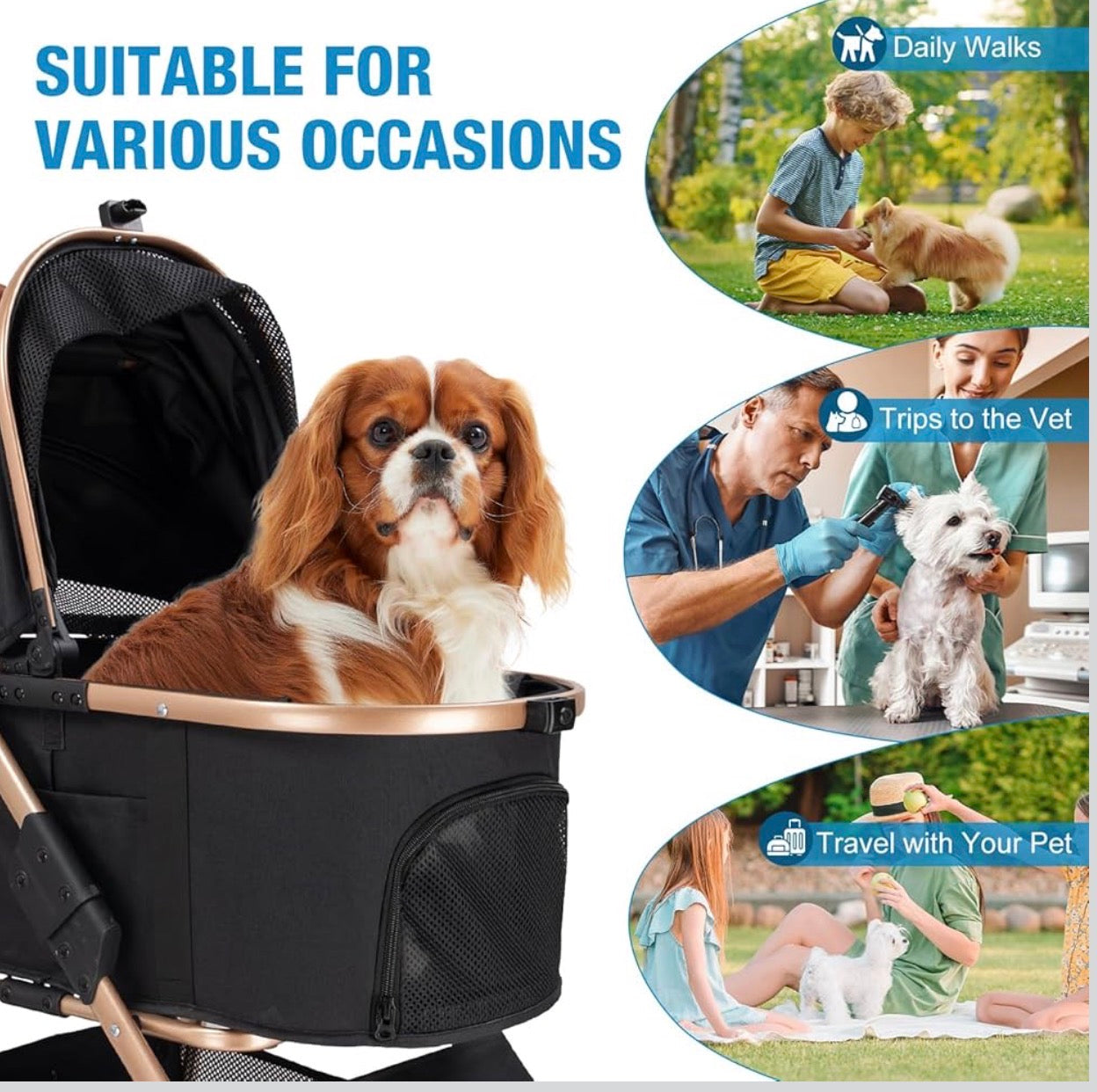 Pet Stroller for Small/Medium Dogs & Cats, No-Zip Foldable Dog Stroller with Detachable Carrier, Cup Holder and Storage Basket, One-Click Fold, One-Foot Brake, 37 lbs Capacity, Black
