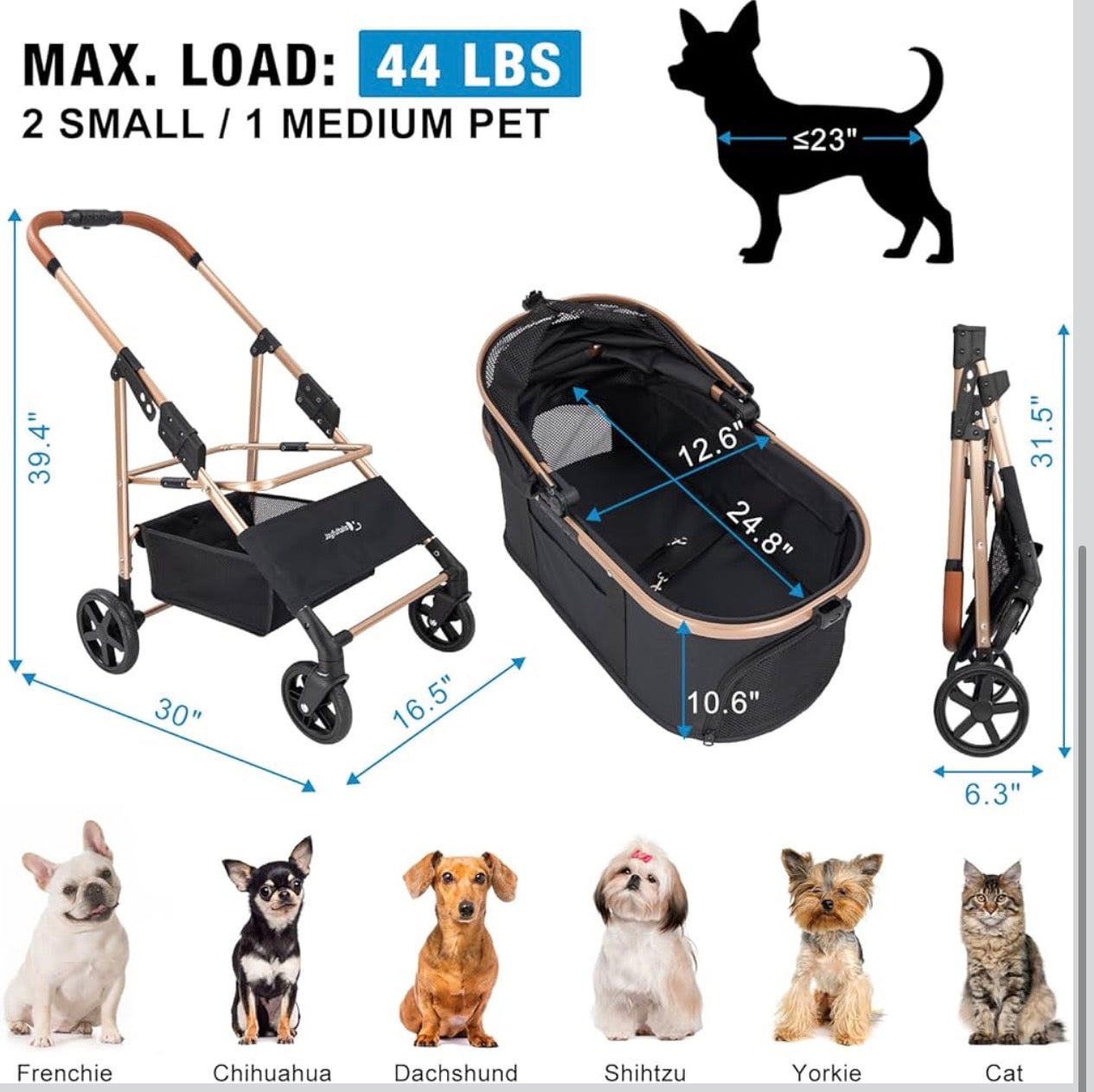 Pet Stroller for Small/Medium Dogs & Cats, No-Zip Foldable Dog Stroller with Detachable Carrier, Cup Holder and Storage Basket, One-Click Fold, One-Foot Brake, 37 lbs Capacity, Black