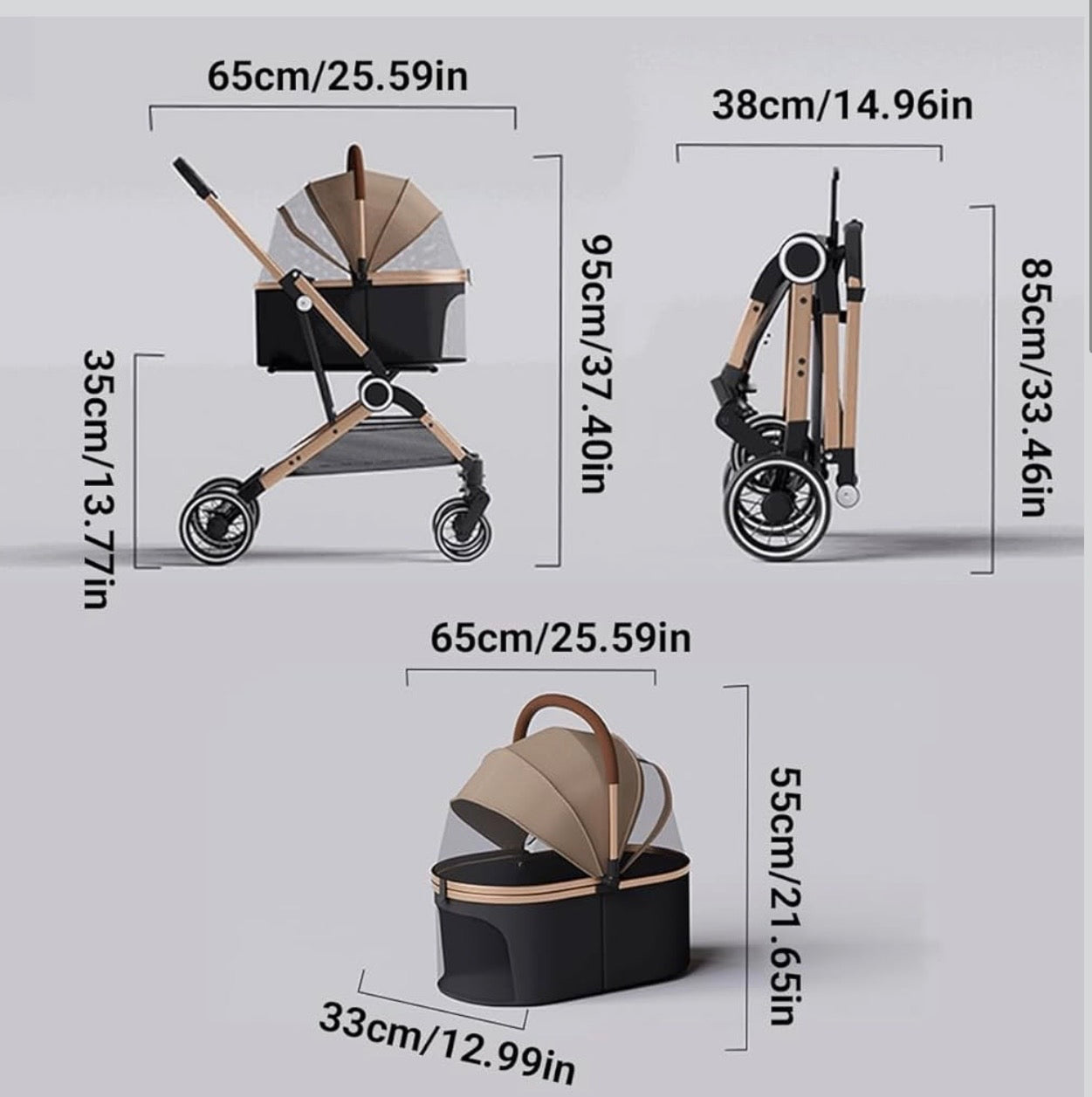 2 - in - 1 Foldable Pet Stroller, Detachable Carrier for Small Dogs/Cats, Lightweight & Breathable, Khaki/Pink, Ideal for Outdoor Trips