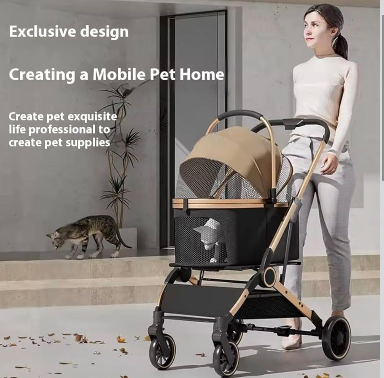 2 - in - 1 Foldable Pet Stroller, Detachable Carrier for Small Dogs/Cats, Lightweight & Breathable, Khaki/Pink, Ideal for Outdoor Trips