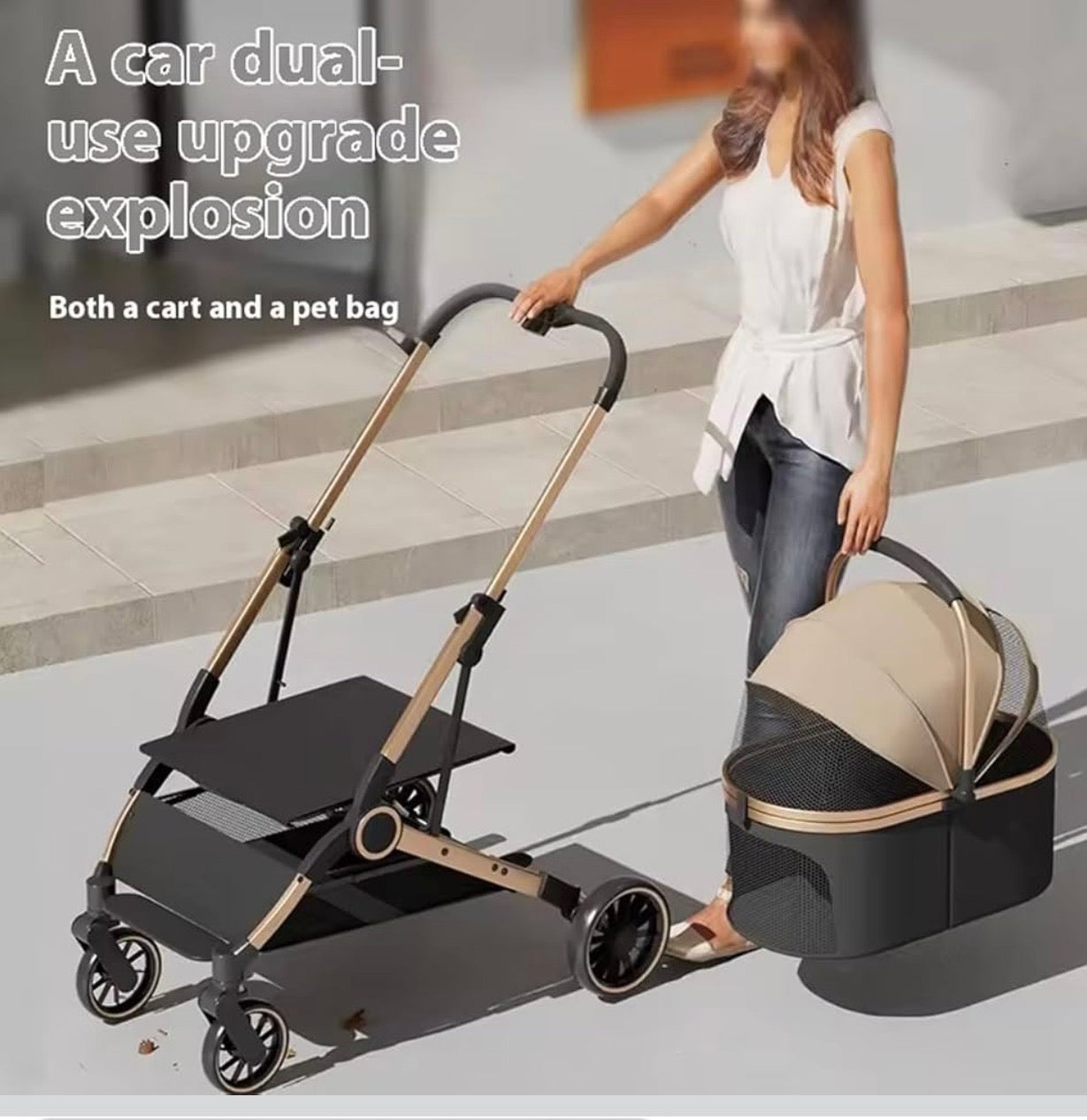 2 - in - 1 Foldable Pet Stroller, Detachable Carrier for Small Dogs/Cats, Lightweight & Breathable, Khaki/Pink, Ideal for Outdoor Trips